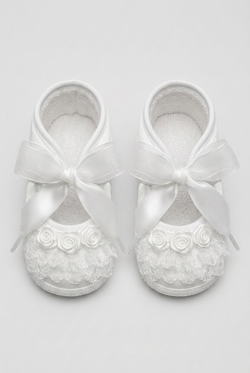 Girls Satin Lace Rose Pram Shoes - White