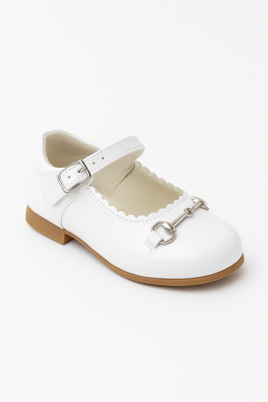 Girls Scallop Trim Flat Mary Jane Shoes - WILLA - White Side Picture