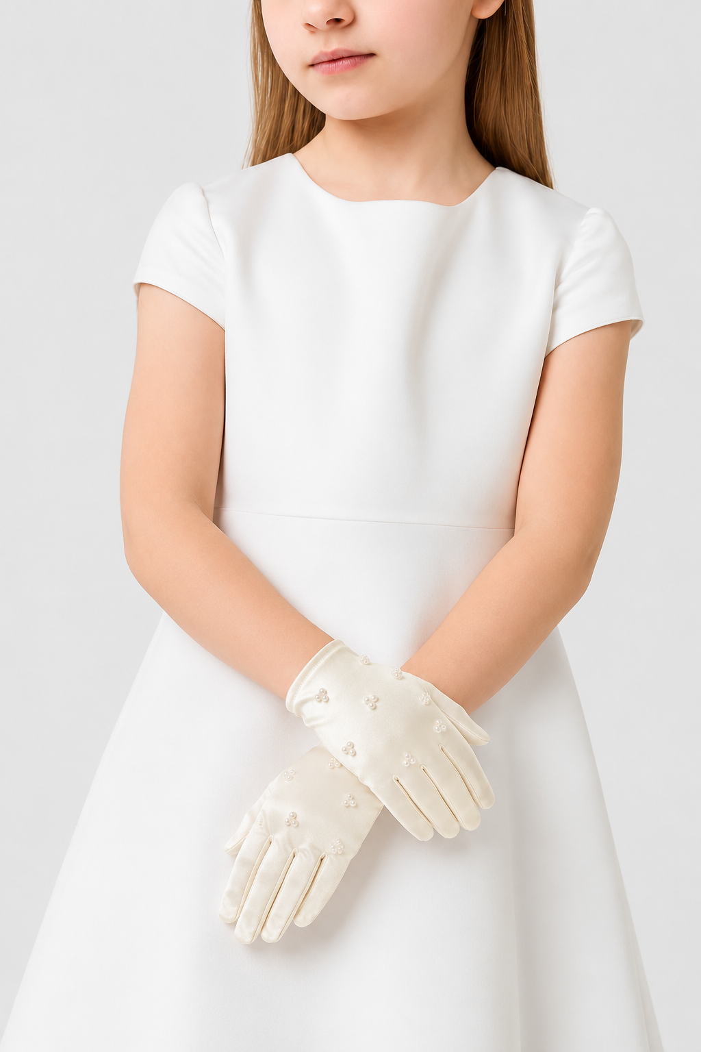 Girls Short Satin Pearl Embellished Formal Gloves - Ivory