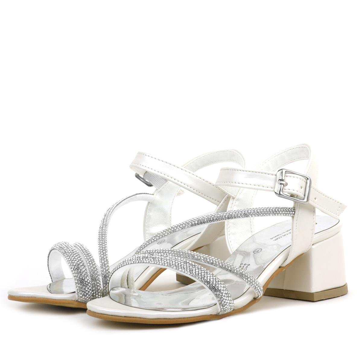 Girls Strappy Block Heel Sandals with Rhinestones - Tiana - Pearl White