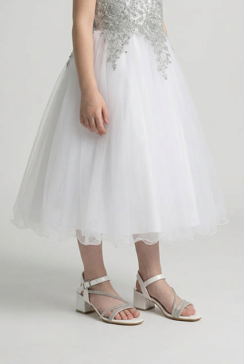 Girls Strappy Block Heel Sandals with Rhinestones - Tiana - Pearl White