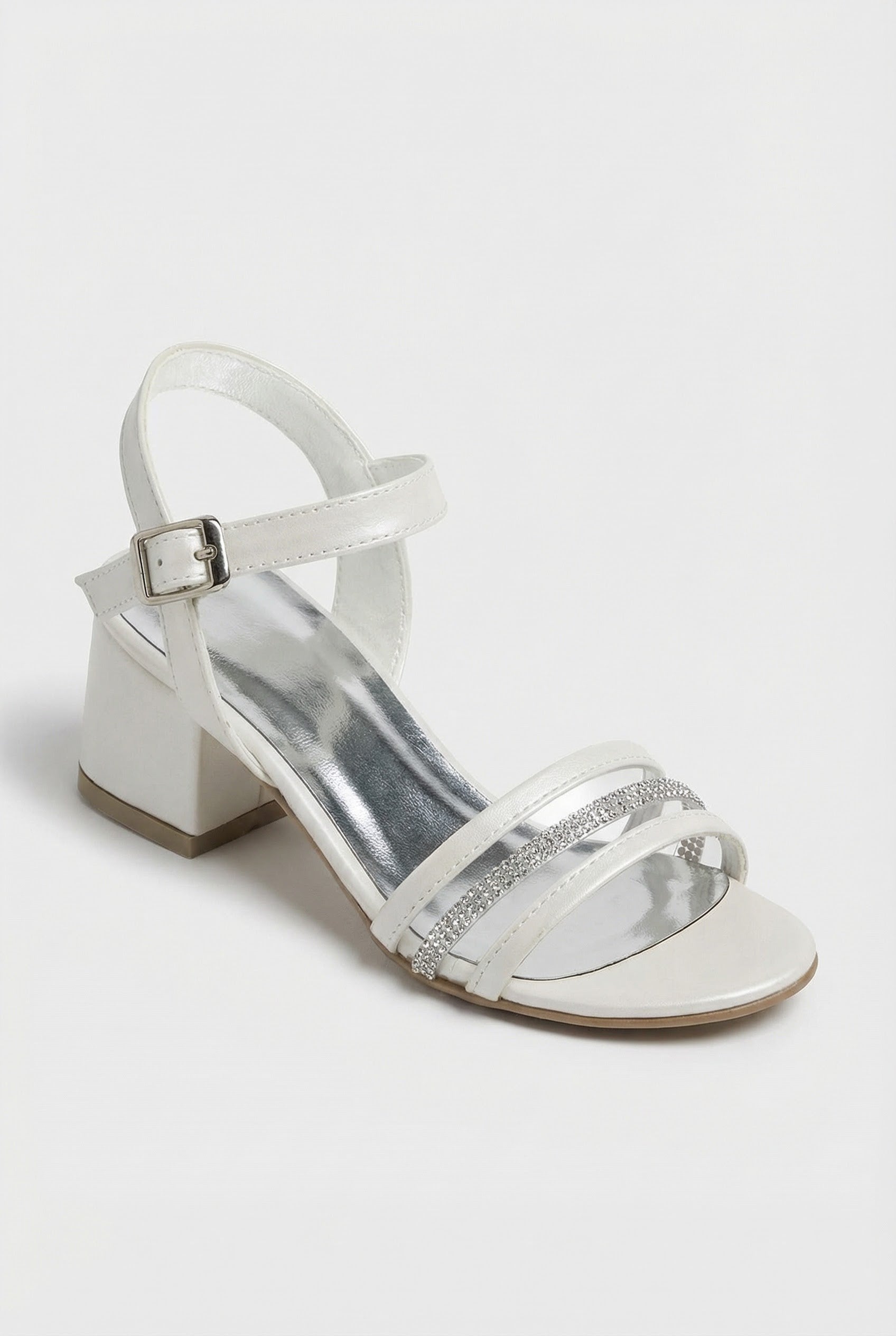 Girls Strappy Heel Sandal Shoes with Rhinestone Trim - Pearl White Side Picture