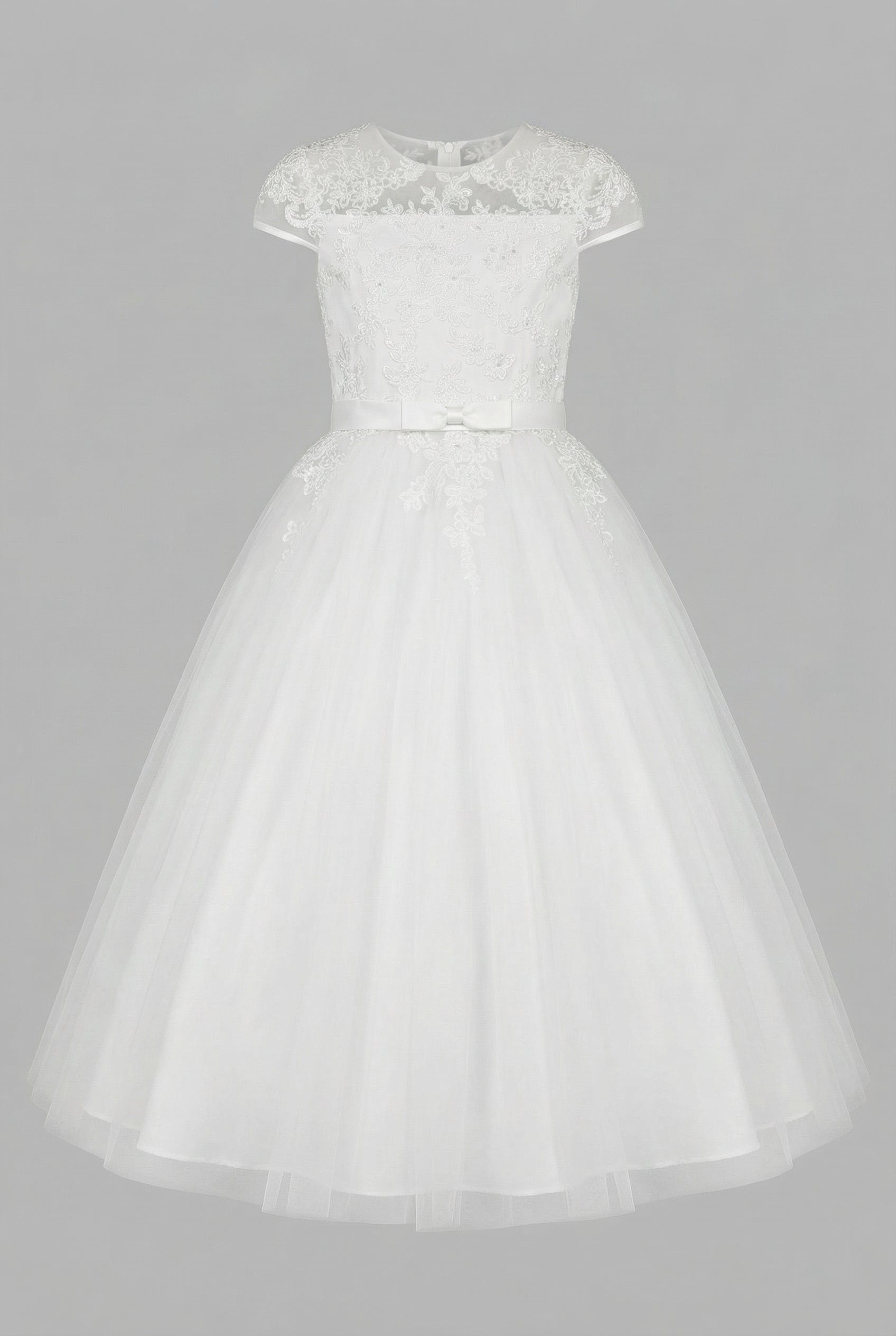 Girls White Communion Dress with Illusion Neck & Lace trim - Suzie Mannequin picture