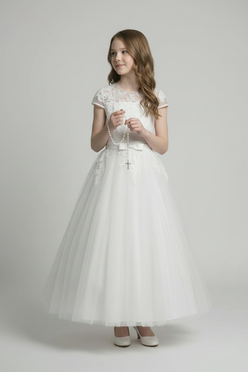 Girls White Communion Dress with Illusion Neck & Lace trim - Suzie