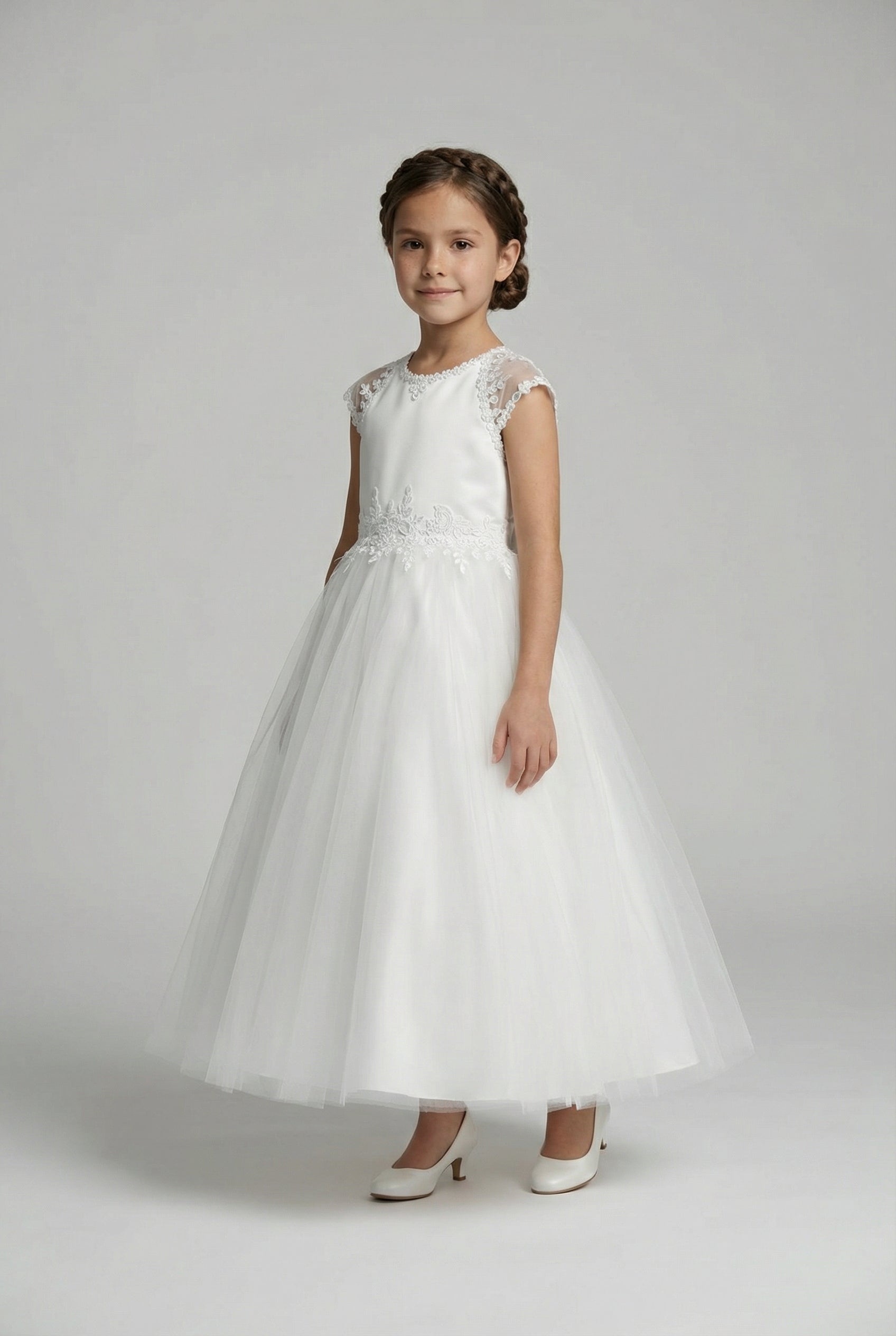 Girls White Communion Occasion Dress Satin Bodice Tulle Skirt - Stray Model Picture
