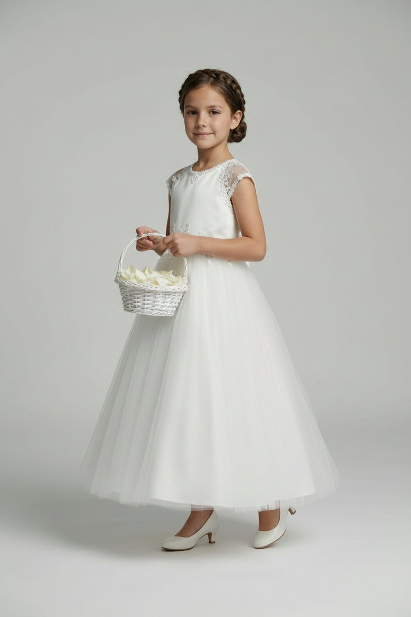 Girls White Communion Occasion Dress Satin Bodice Tulle Skirt - Stray