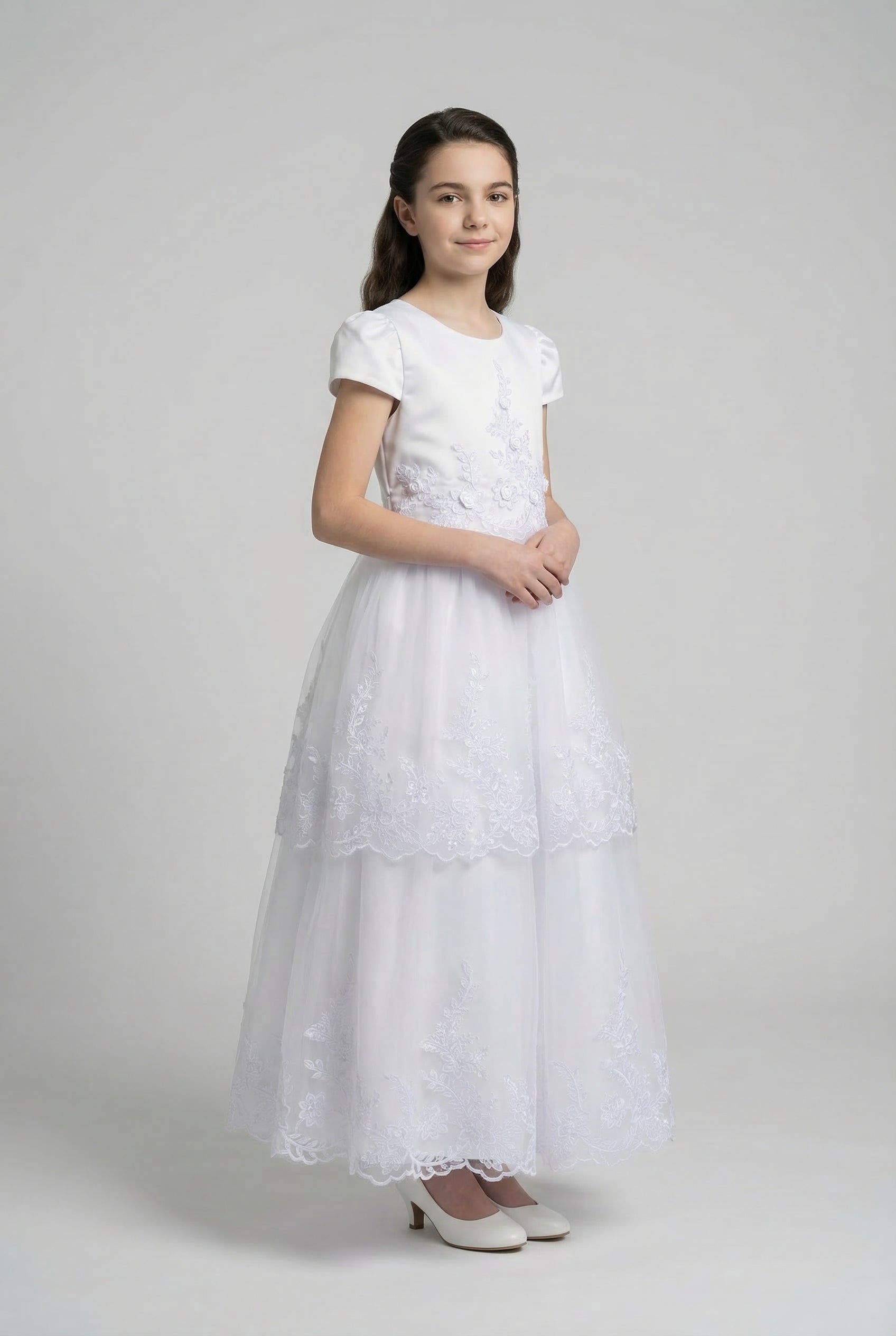 Girls White Full Length Communion Dress with Floral Lace