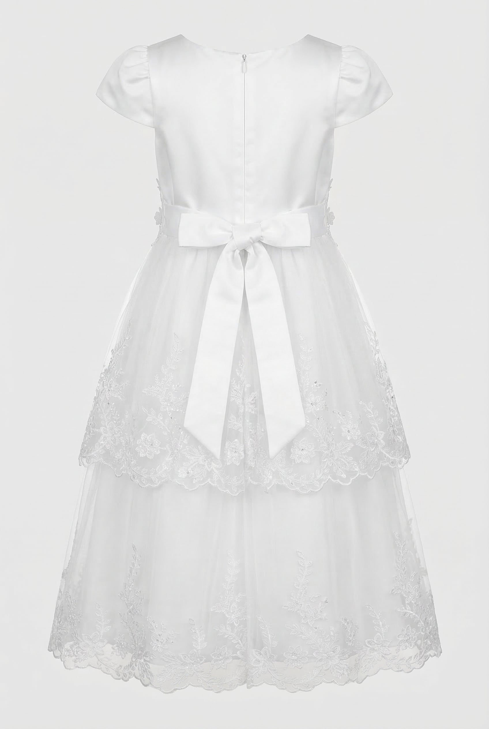 Girls White Full Length Communion Dress with Floral Lace