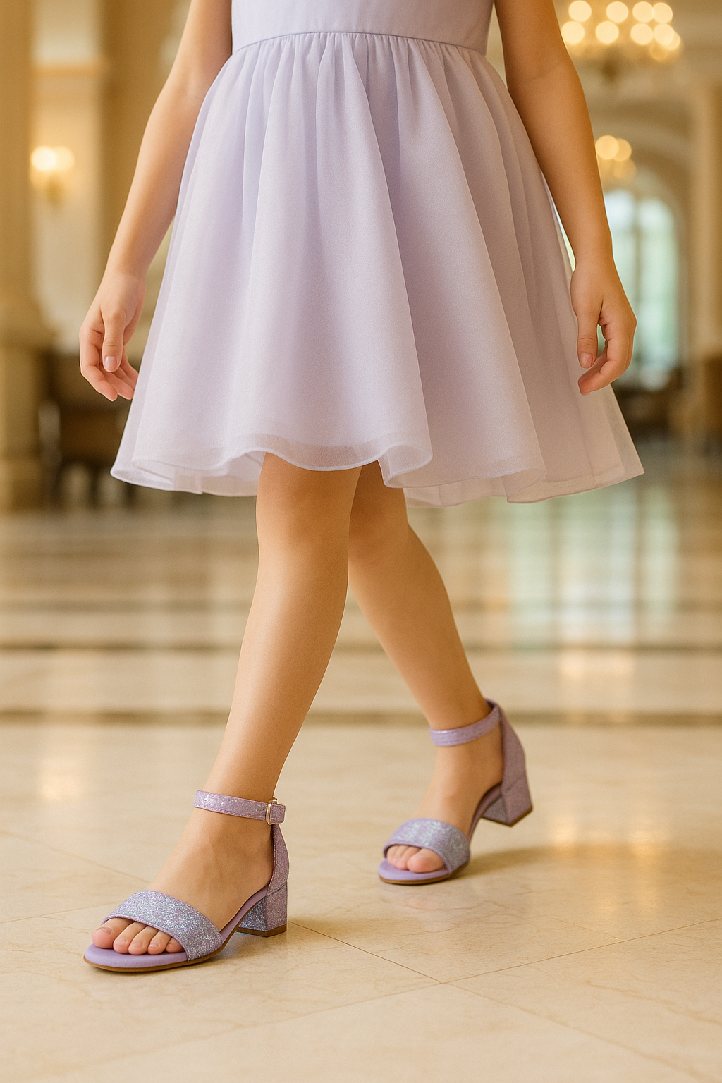 Girls Ankle-Strap Block Heel Sandals - SPARKLE - Purple Model Picture