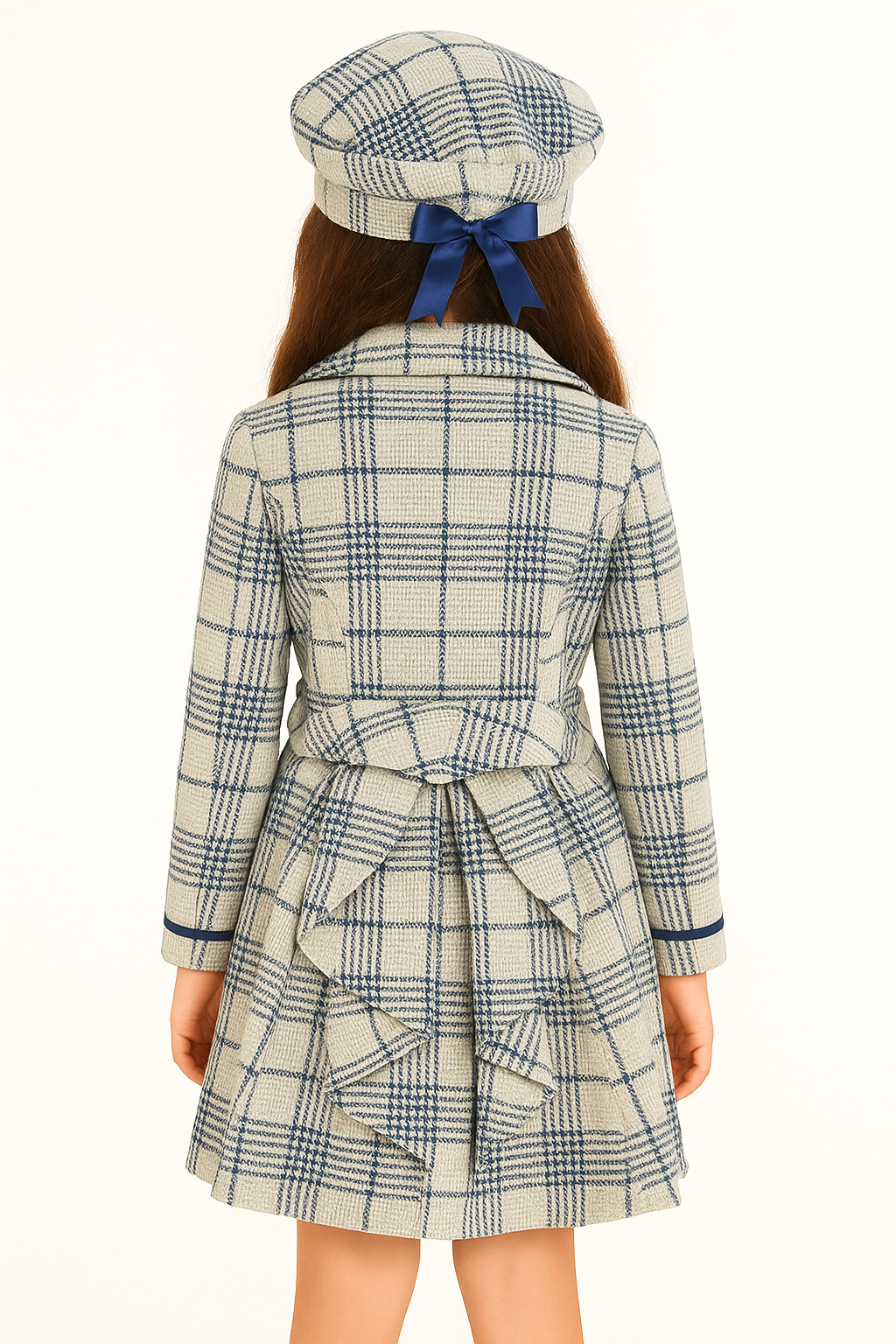 Girls' Blue Checkered Coat and Matching Bow Hat Set Back Picture