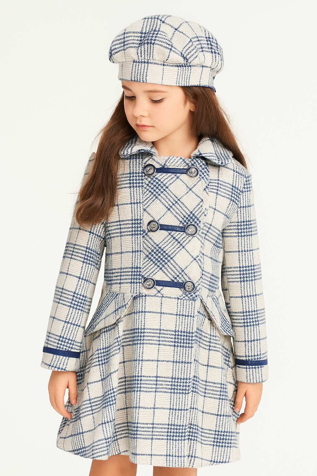 Girls' Blue Checkered Coat and Matching Bow Hat Set Model Picture