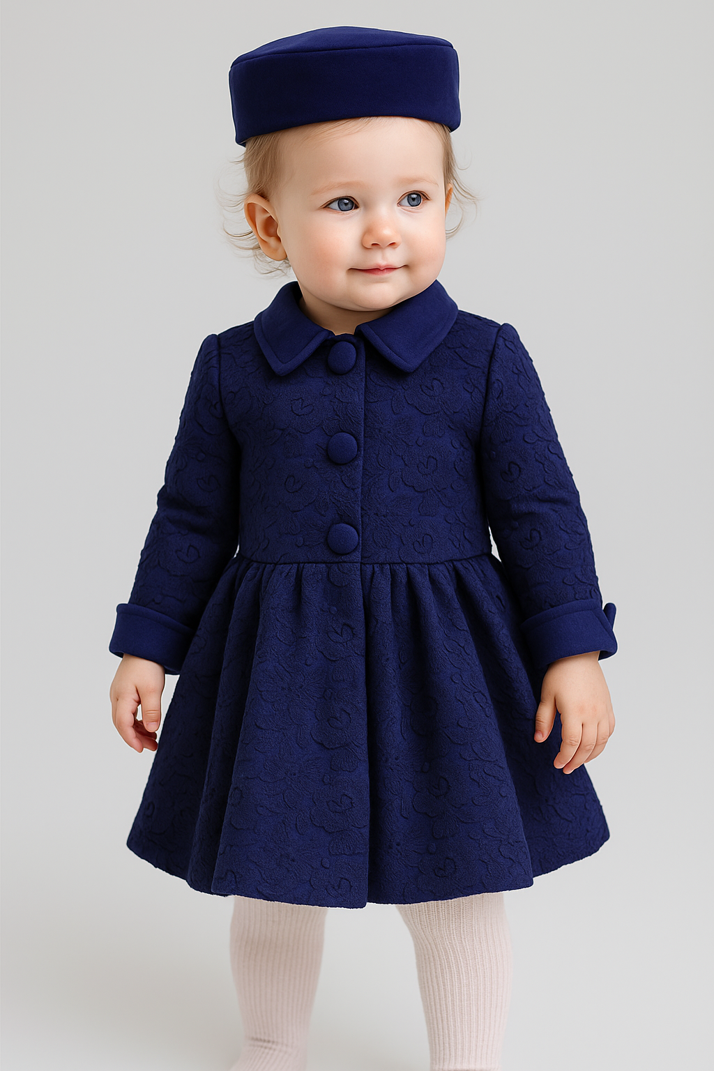 Girls Coat Floral Embroidered Lace 2 Piece Set - Navy Blue