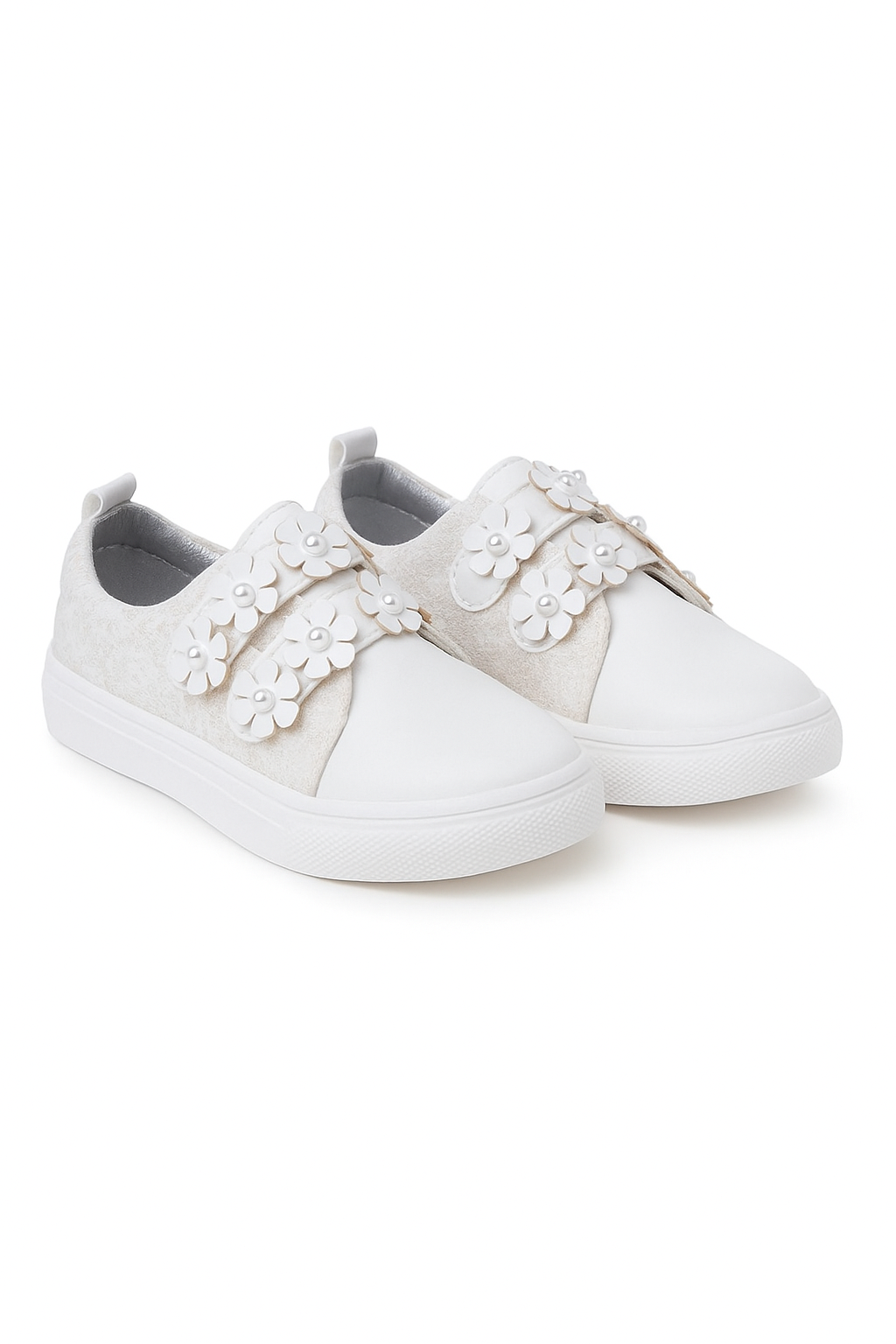 Girls' Cream Pearl Flower Velcro Sneakers - FINLEY - Cream - Ivory Pair Side Picture