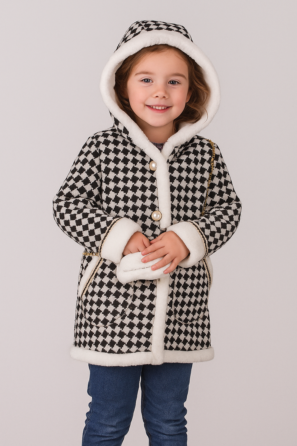 Mädchen Creme & Schwarz Kapuzen Hahnentrittmantel & Handtasche - Creme und Schwarz