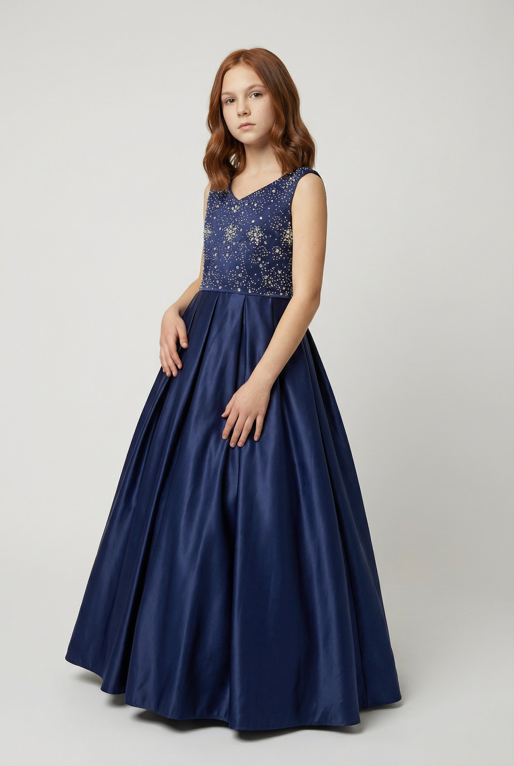 Abito da ballo in raso blu navy con cristalli per ragazze – EDEN - Navy