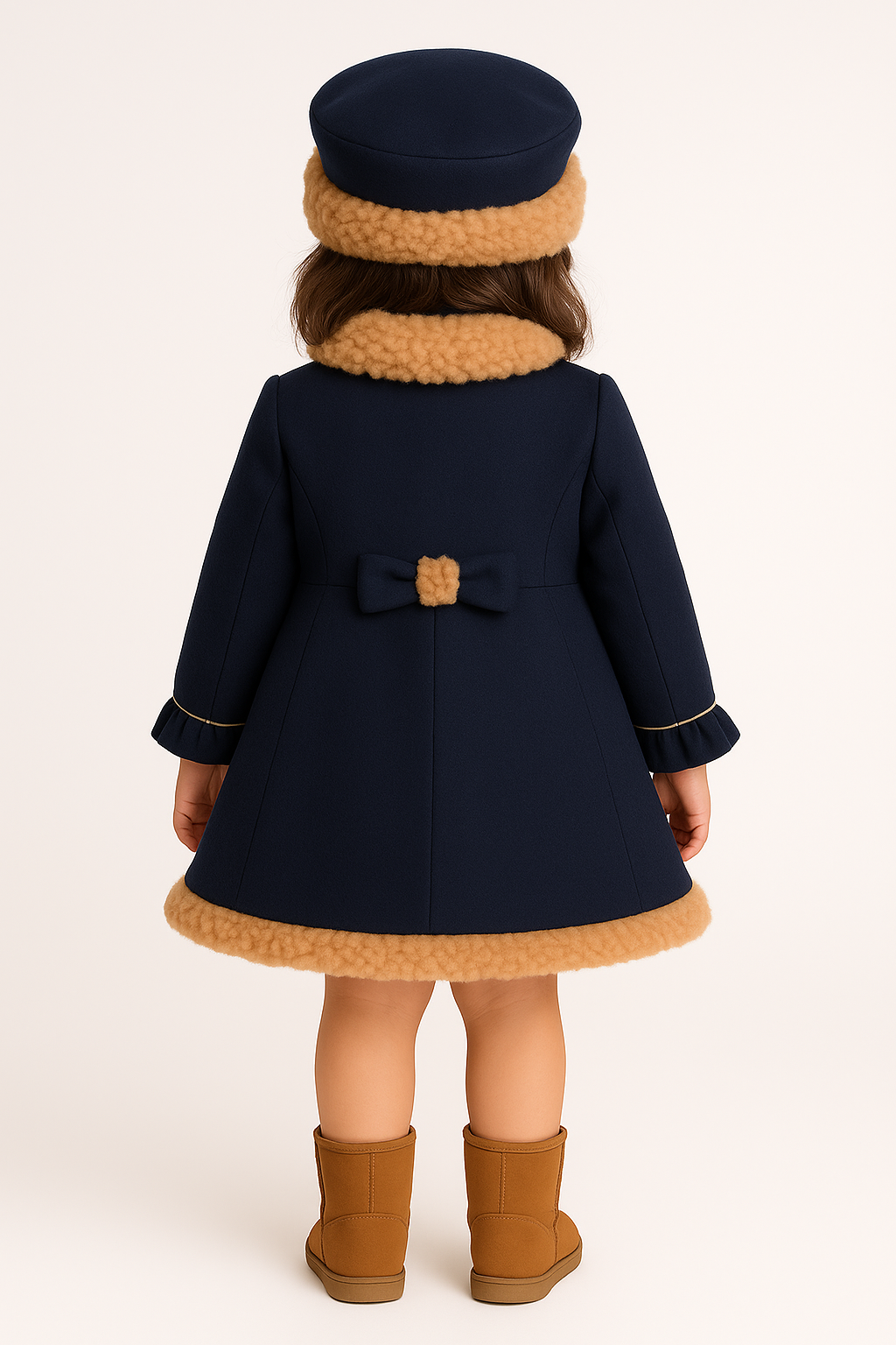 Girls Double-breasted Mid-Length Felted Wool Coat Set - Navy Blue Back Picture