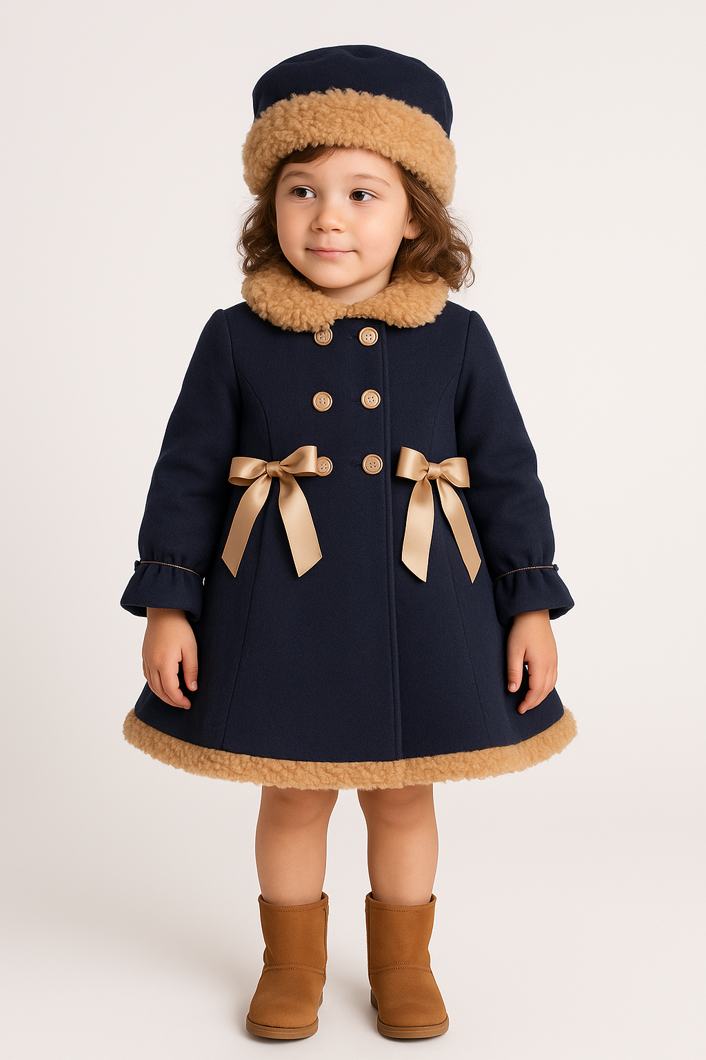 Girls Double-breasted Mid-Length Felted Wool Coat Set - Navy Blue Model Picture