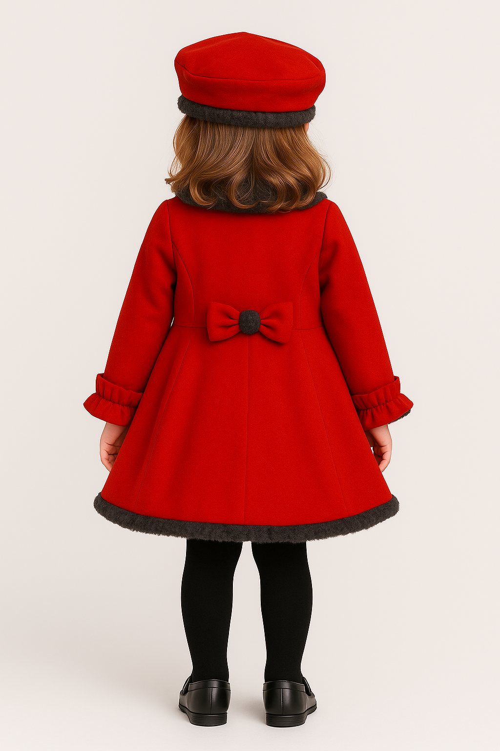 Girls Double-breasted Mid-Length Felted Wool Coat Set - Red