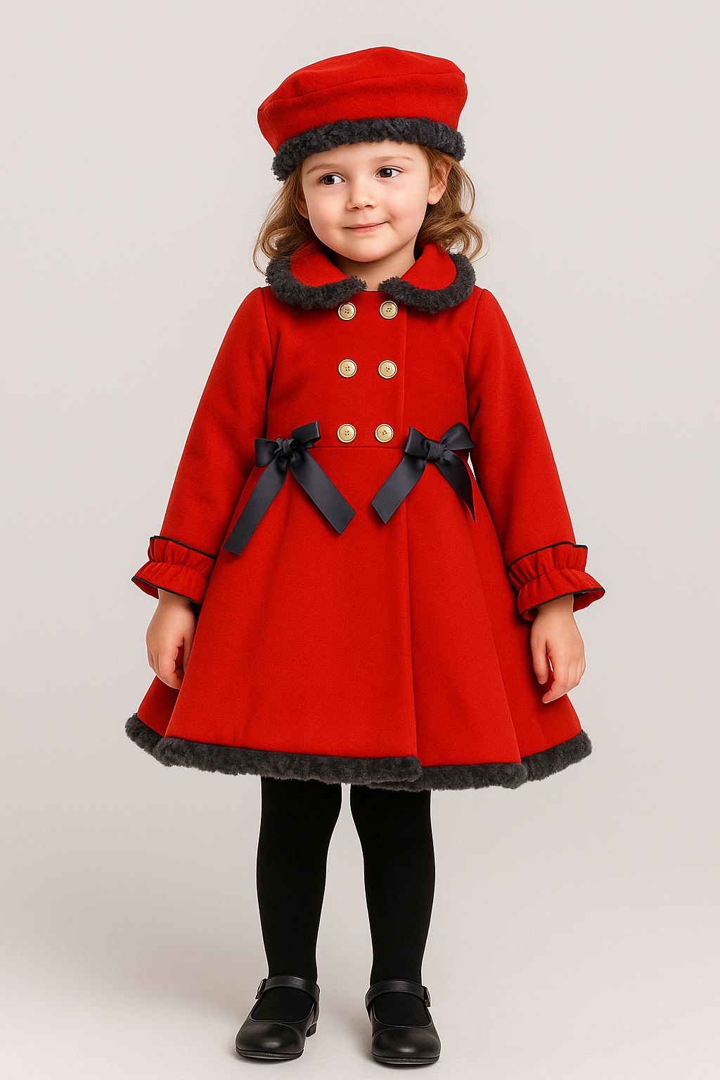 Girls Double-breasted Mid-Length Felted Wool Coat Set - Red Model Picture