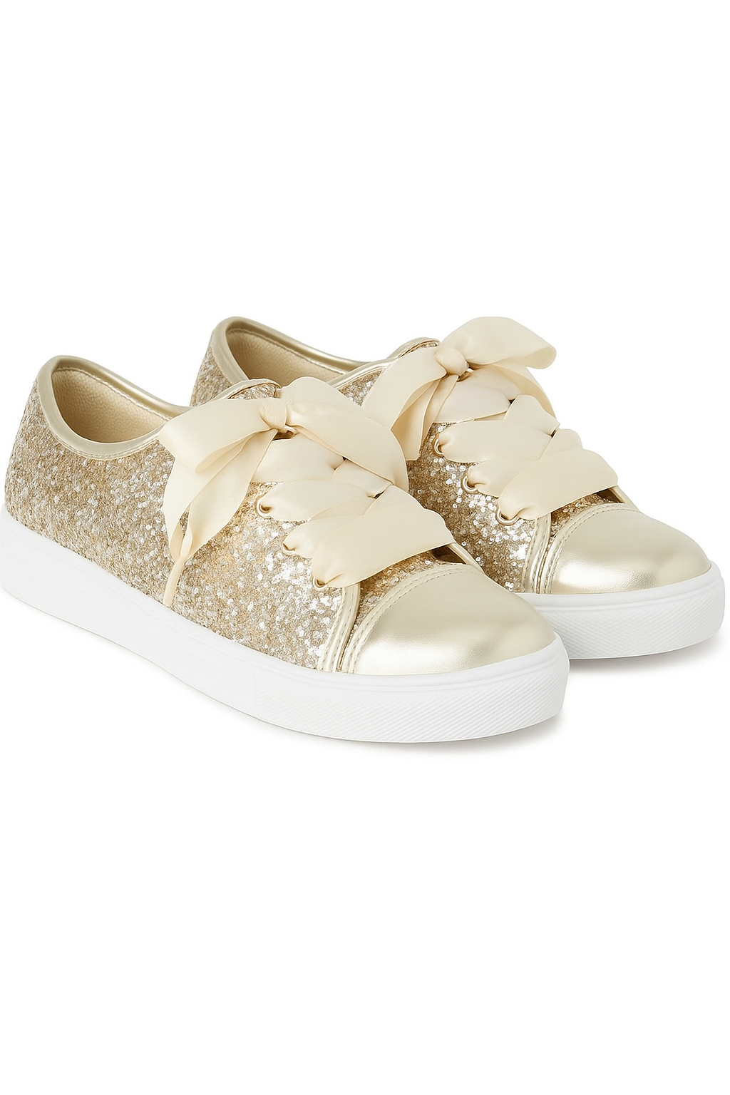Girls' Glitter Sneakers with Satin Ribbon Laces – TRINITY - Gold Pair Side Picture