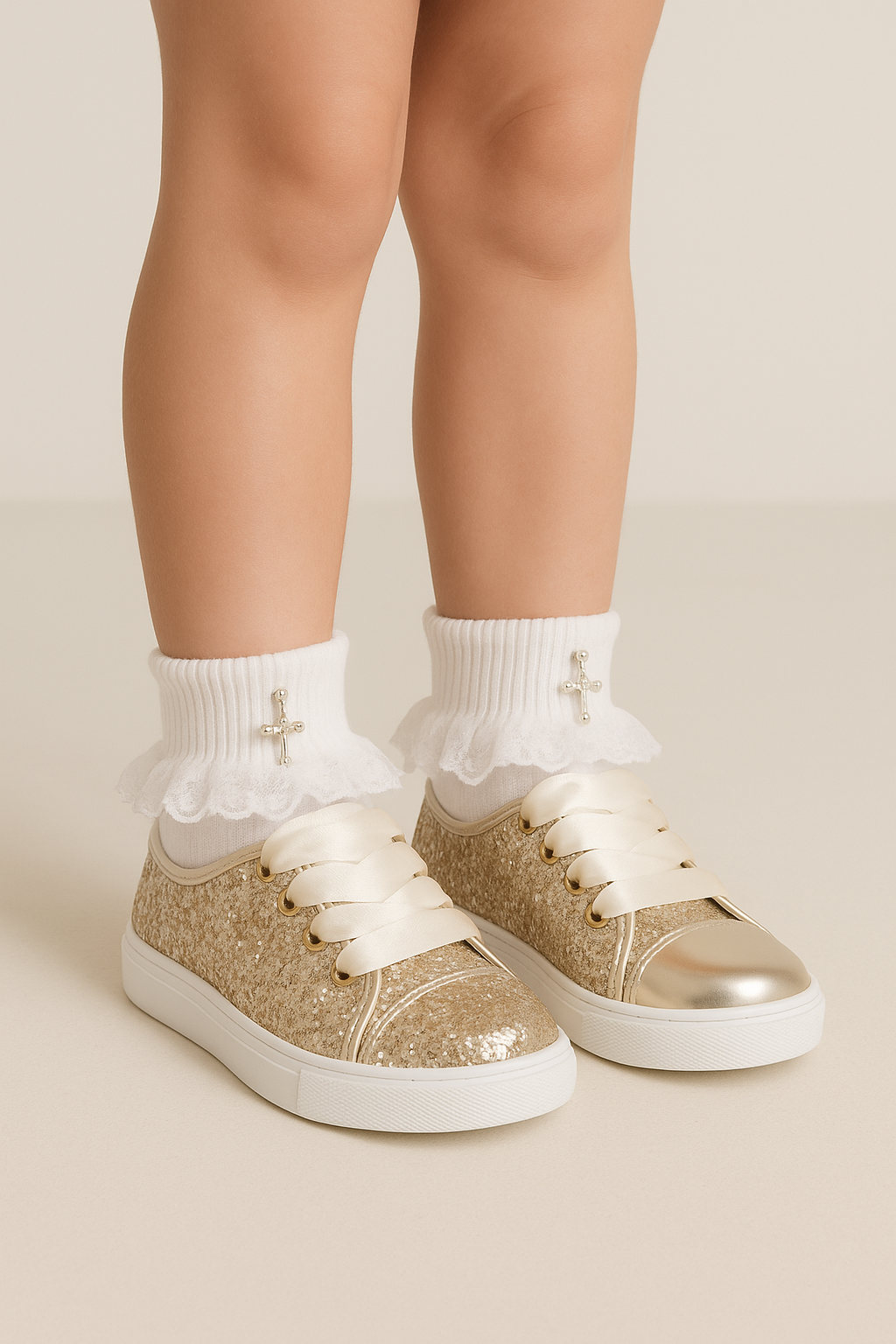 Girls' Glitter Sneakers with Satin Ribbon Laces – TRINITY - Gold Model Picture