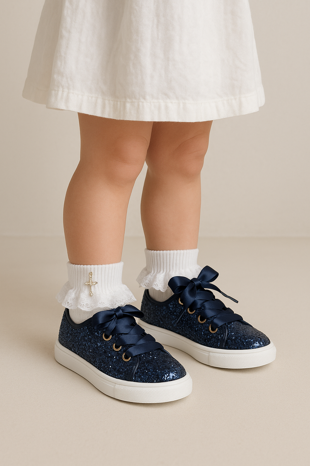 Girls' Glitter Sneakers with Satin Ribbon Laces – TRINITY - Navy Blue Model Picture