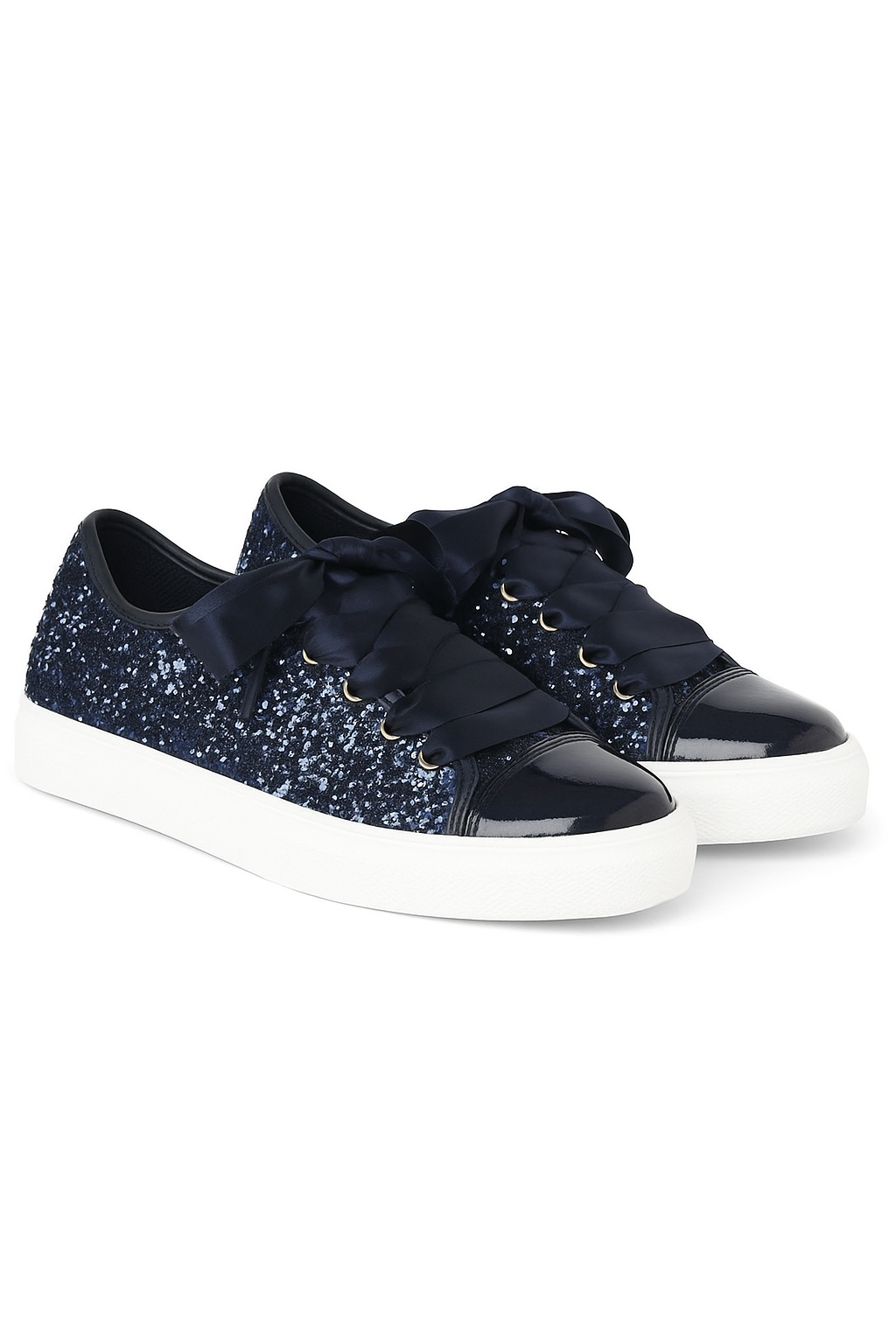 Girls' Glitter Sneakers with Satin Ribbon Laces – TRINITY - Navy Blue Pair Side Picture