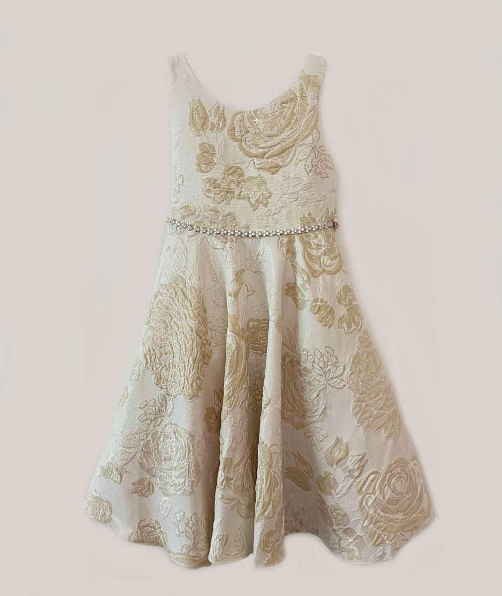 Girls’ Gold Floral Brocade Dress with Sash Bow - Esha