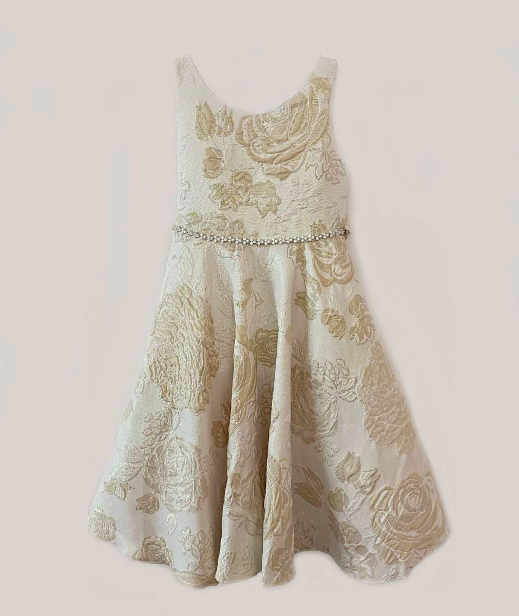 Vestito da ragazza in broccato floreale dorato con fiocco in vita 