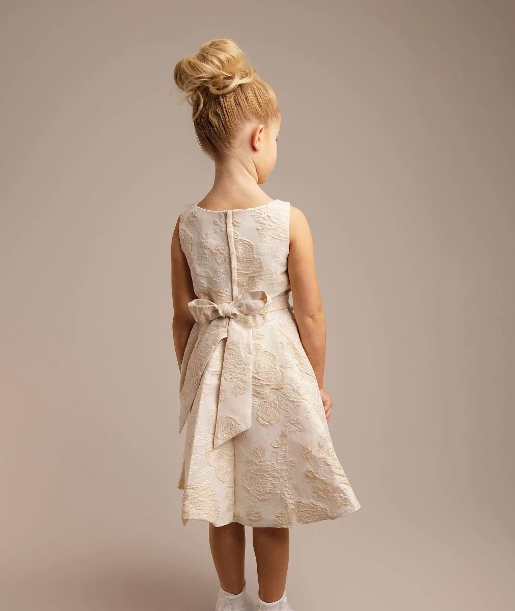 Vestito da ragazza in broccato floreale dorato con fiocco in vita 