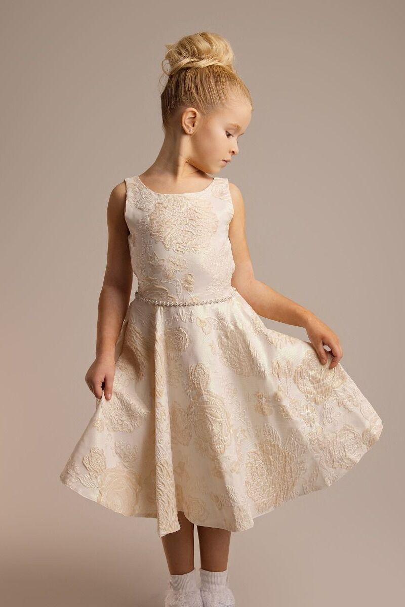 Girls’ Gold Floral Brocade Dress with Sash Bow - Esha