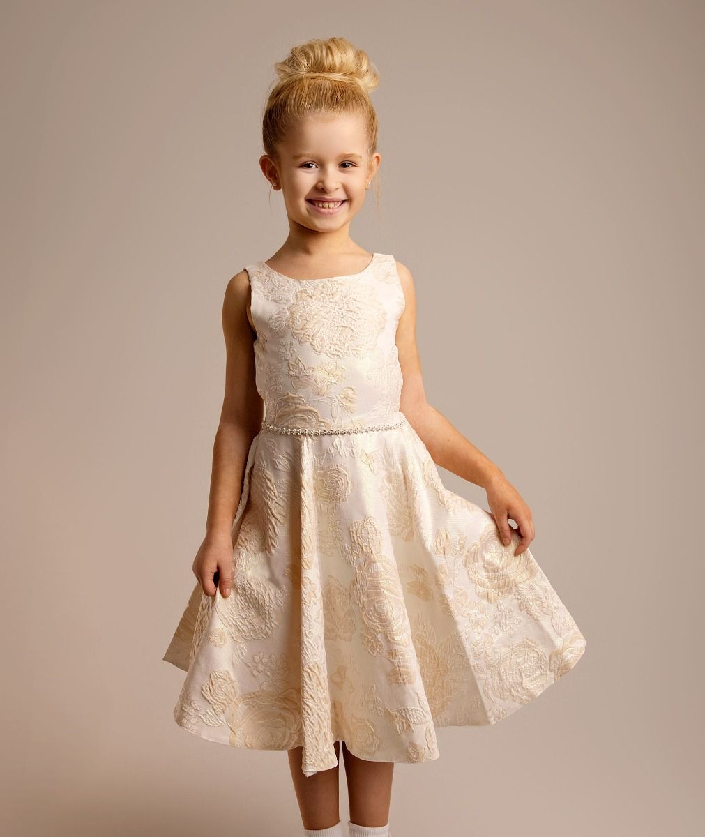 Girls’ Gold Floral Brocade Dress with Sash Bow - Esha Model Front Picture