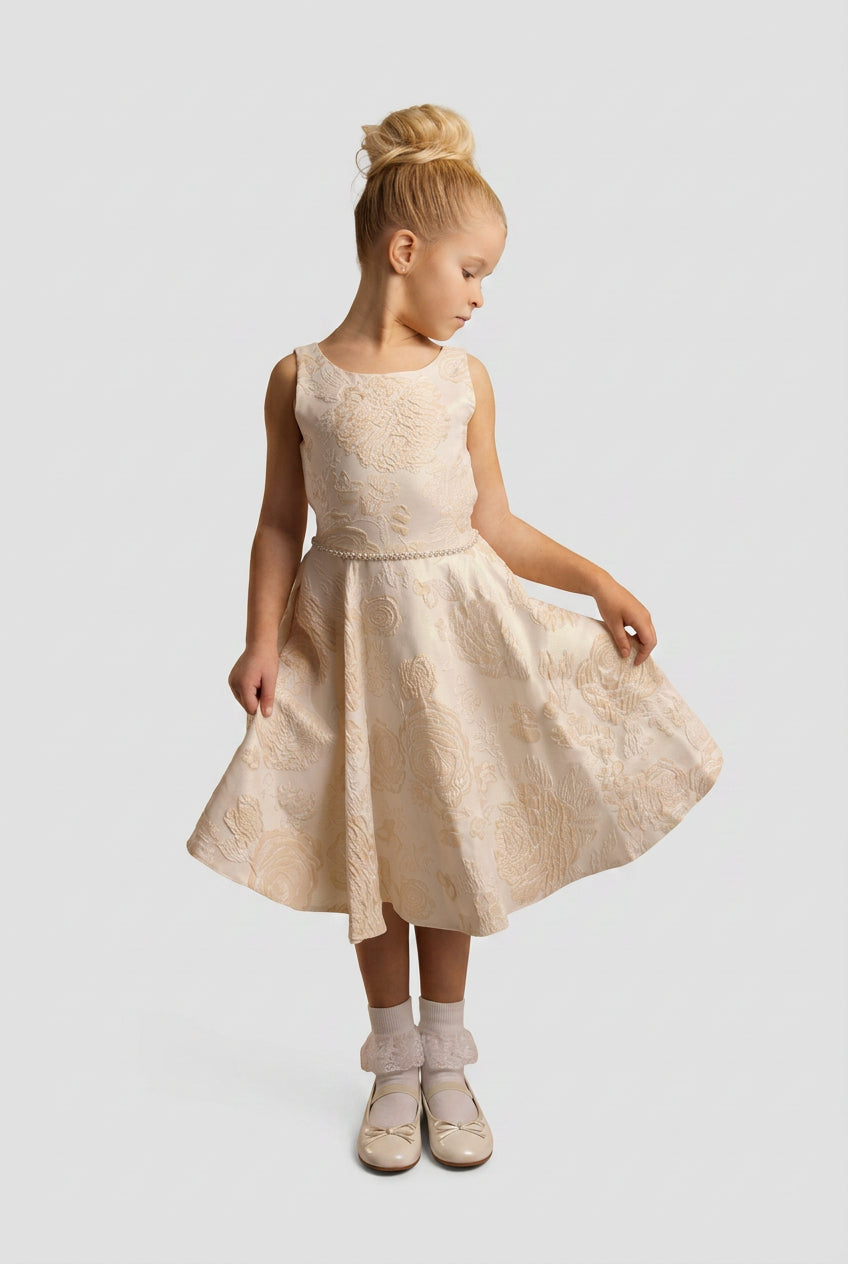 Girls’ Gold Floral Brocade Dress with Sash Bow - Model Picture