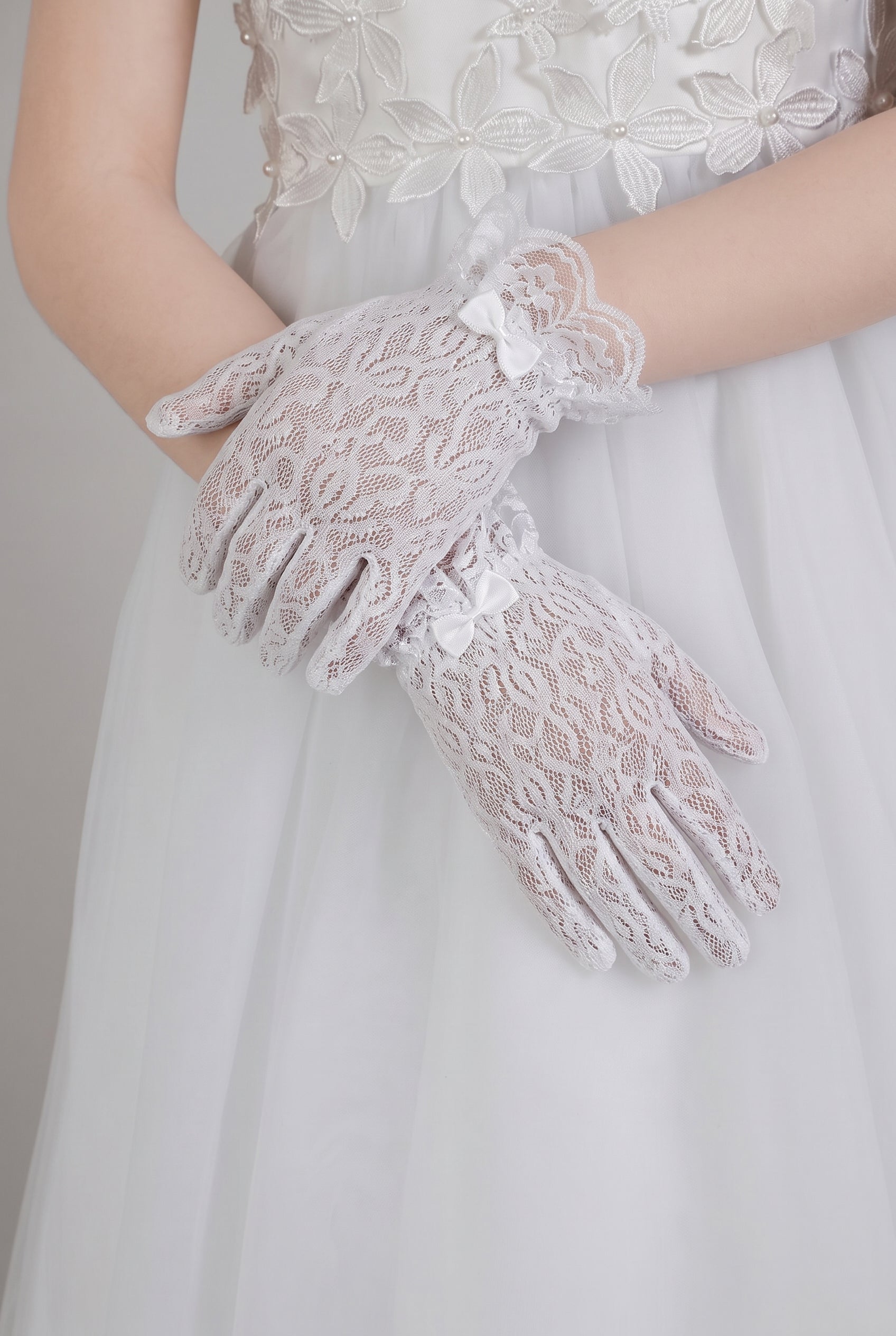 Guantes formales de encaje para niñas con detalle de lazo - Blanco