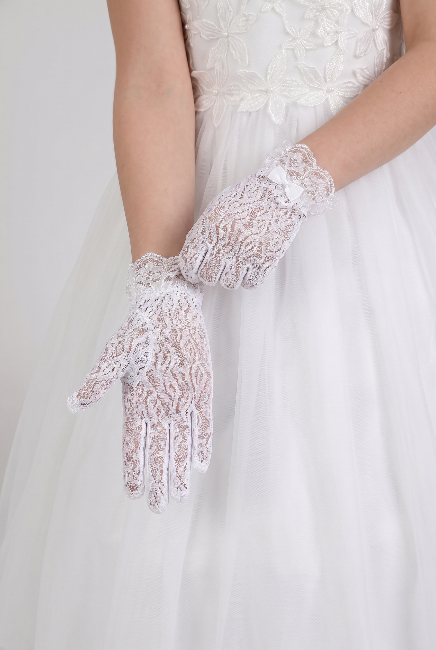 Guantes formales de encaje para niñas con detalle de lazo - Blanco