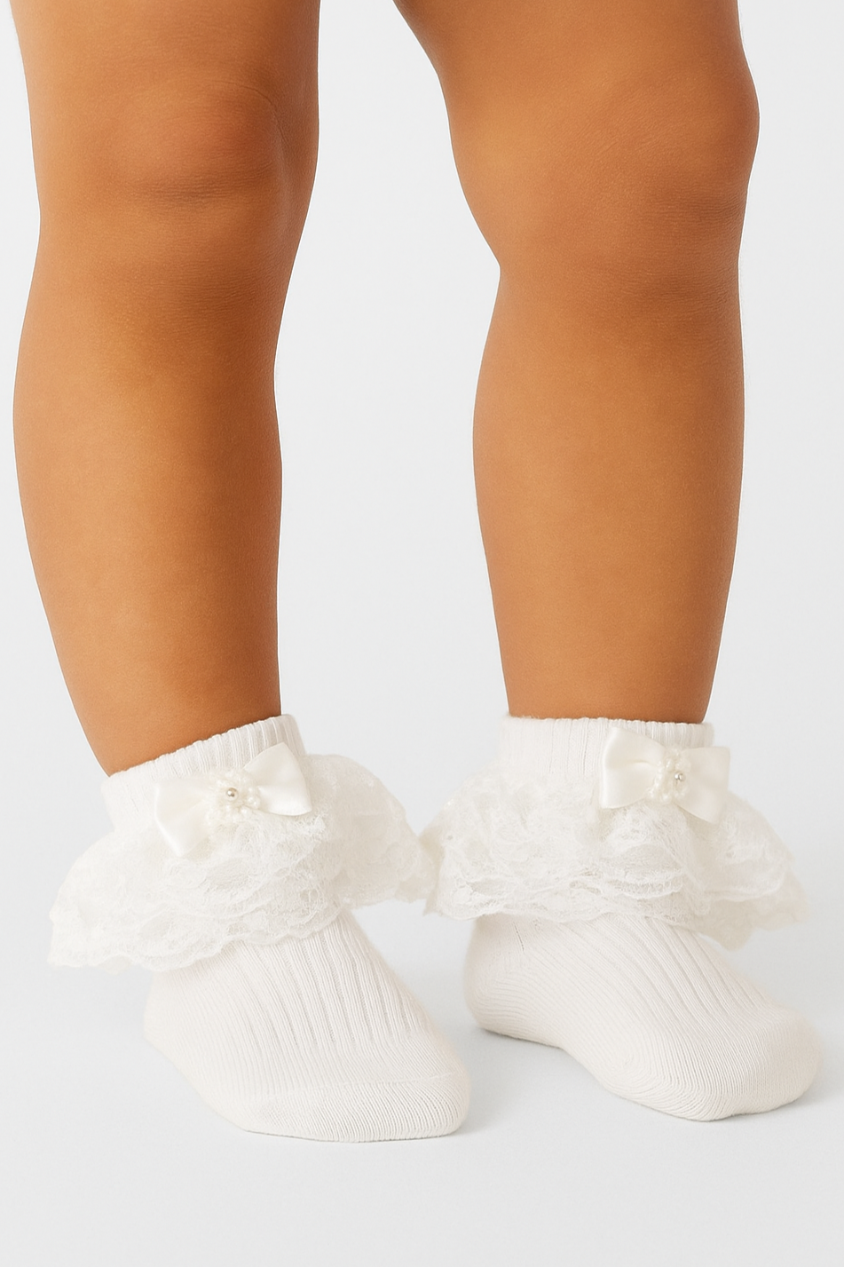 Girls' Lace Frill Socks with Satin Bow - ROXANNE - Ivory