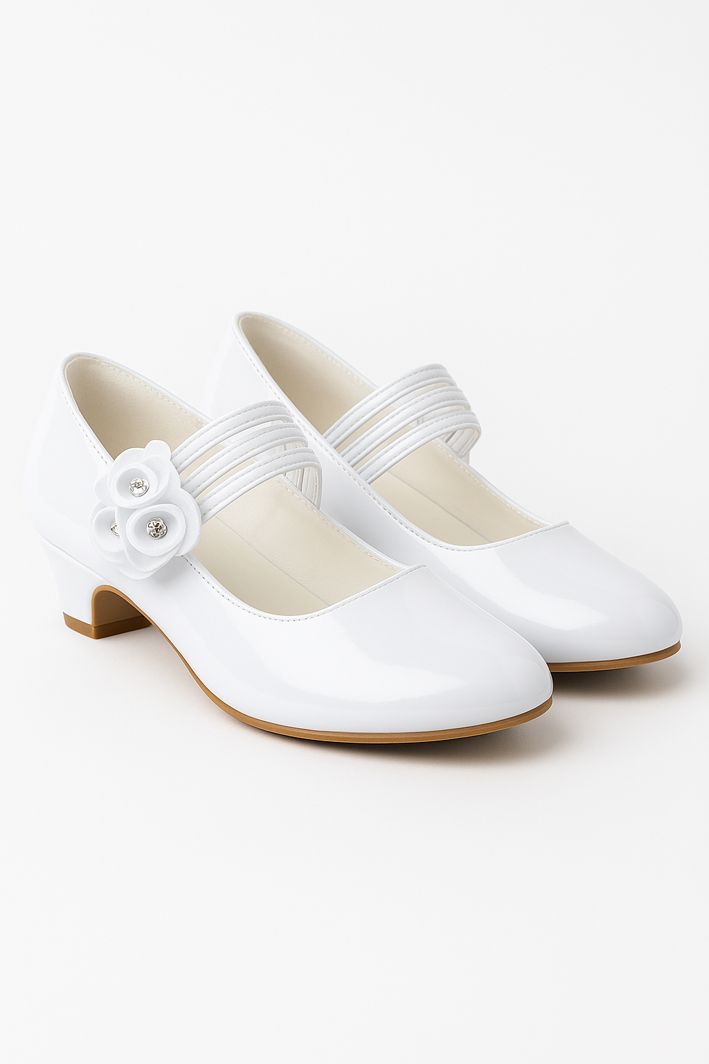 Girls' Mary Jane Low Heal Patent Dress shoes - White Pair Side Picture