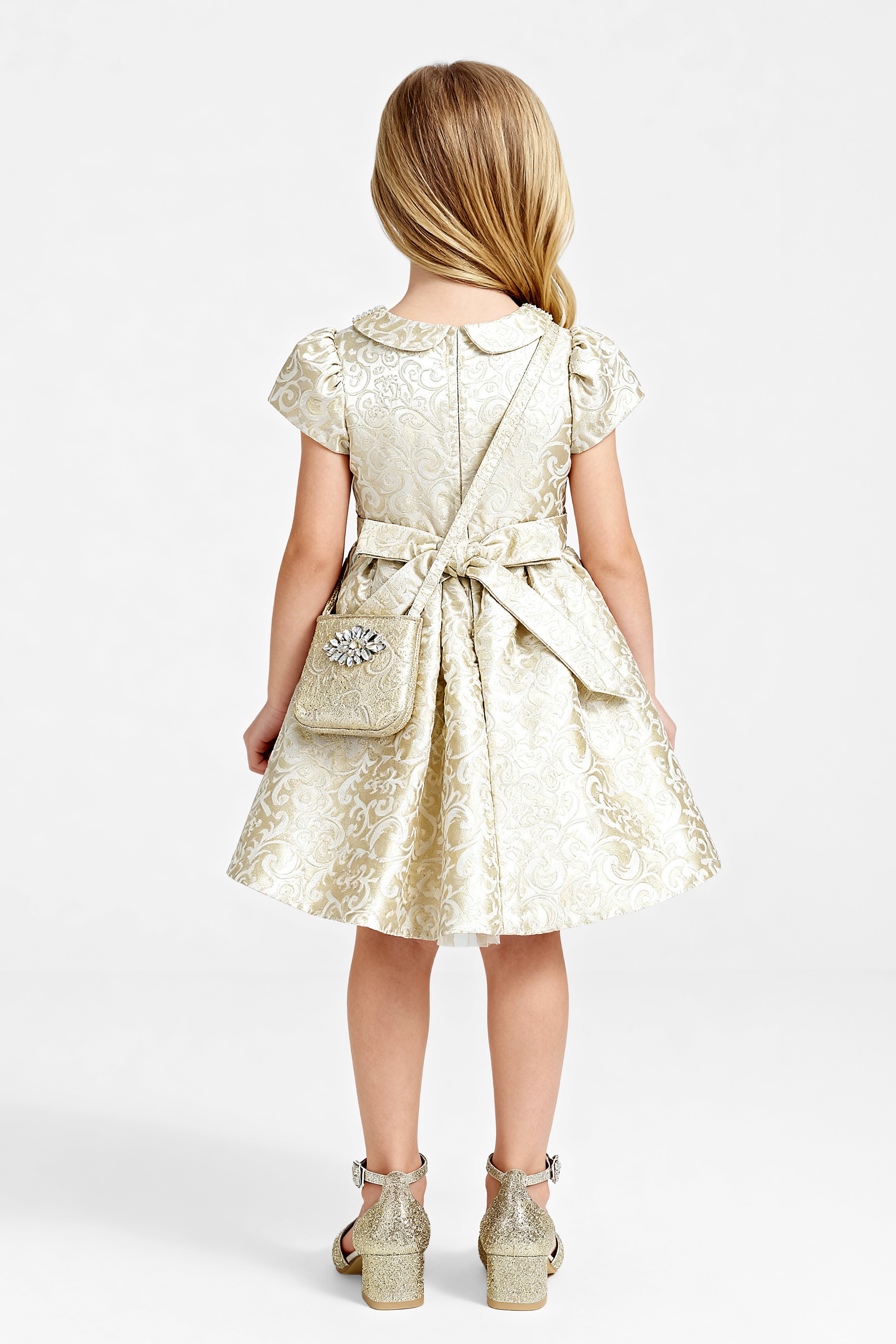  Babies & Girls Peter Pan Collar Brocade Dress - Gold Back Picture