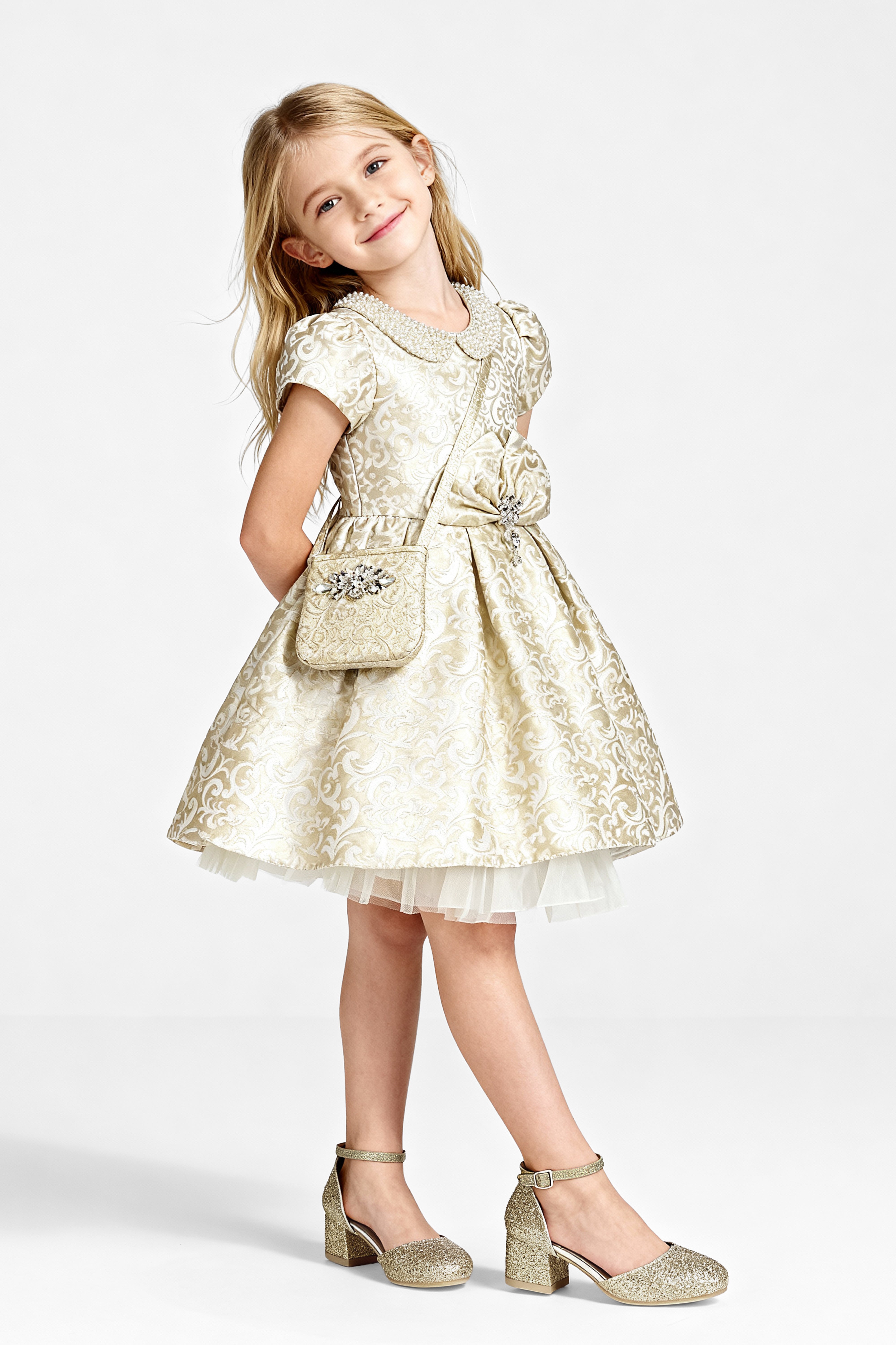  Babies & Girls Peter Pan Collar Brocade Dress - Gold mODEL pICTURE