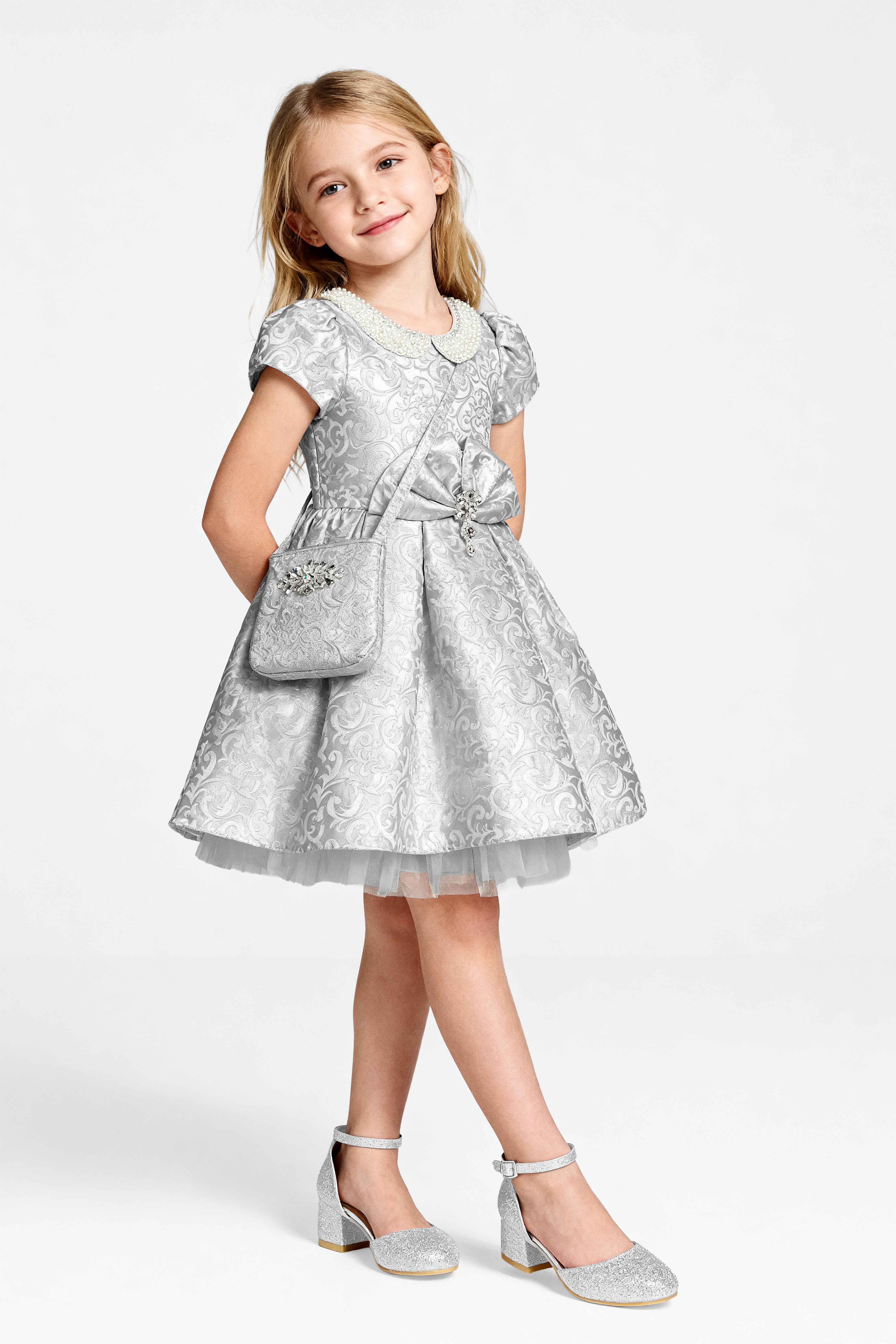 Girls Peter Pan Collar Brocade Dress - Silver Model Picture