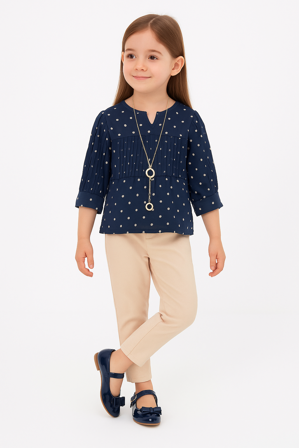 Girls Polka dot Casual Navy Set - MIALIA - Navy Blue - Beige