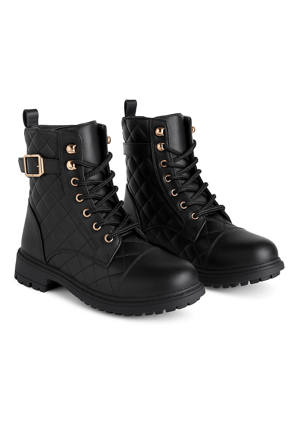 Girls' Quilted Lace-Up Combat Boots - SAGE - Black Pair Side Picture