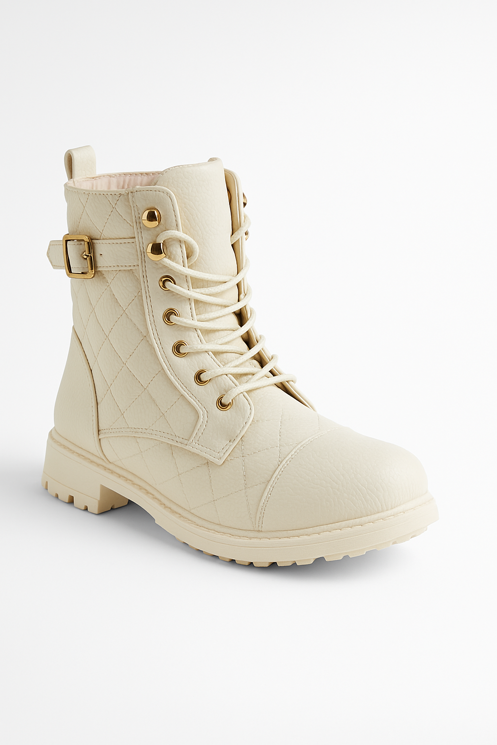 Girls' Quilted Lace-Up Combat Boots - SAGE - Cream Side Picture