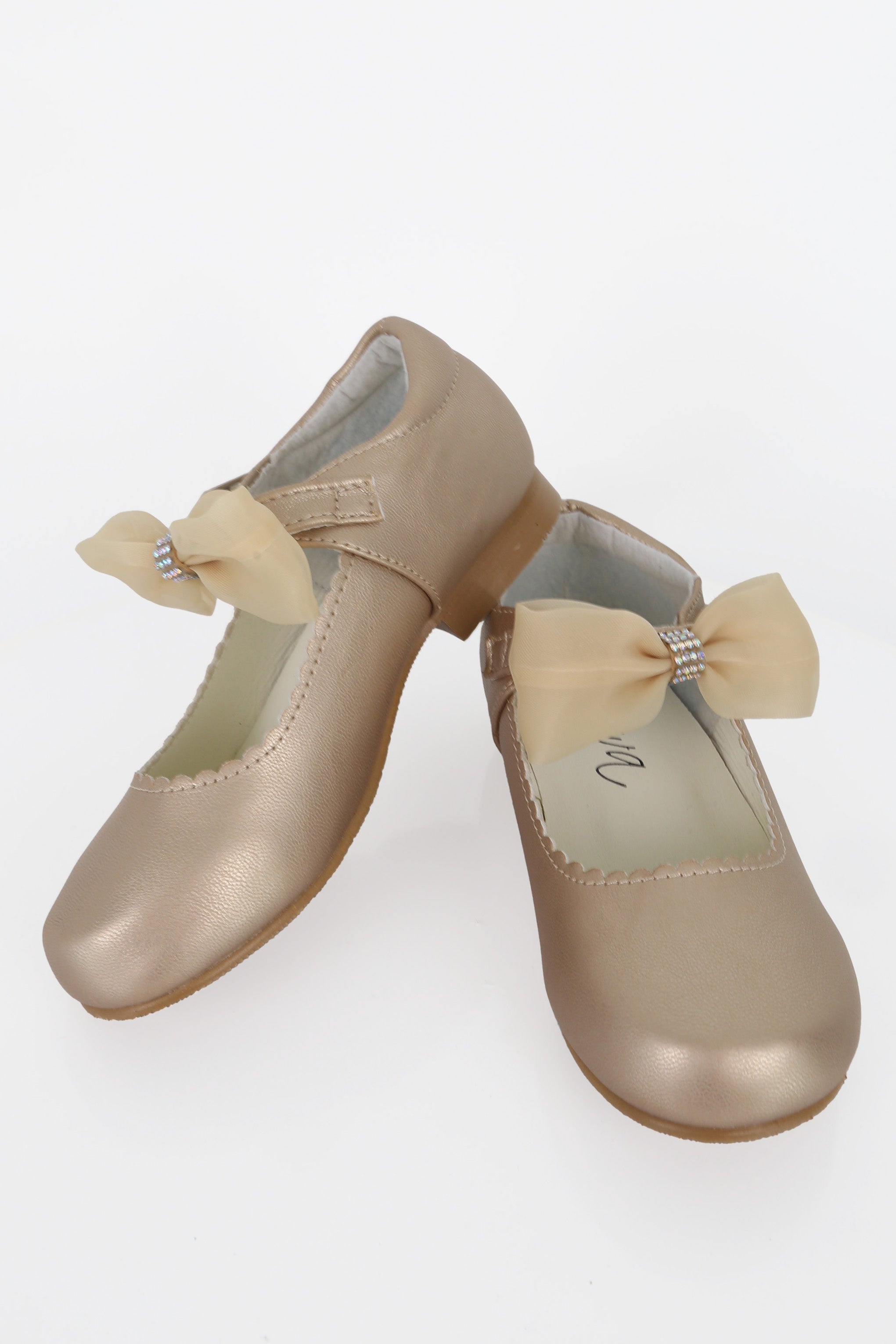Girls Rhinestone Mary Jane Shoes with Bow – ZURI - Gold