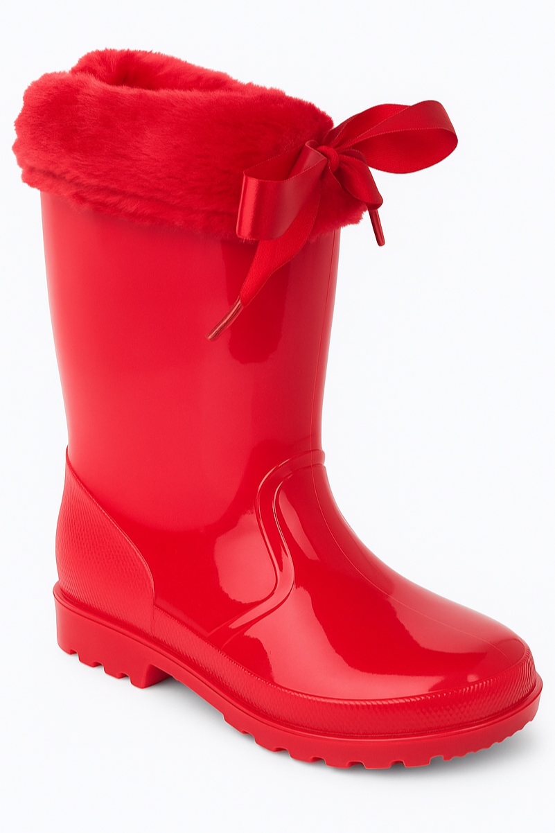 Girls' Ribbon Wellington Boots with Faux Fur, Waterproof Wellies – VIVIAN - Red Side Picture