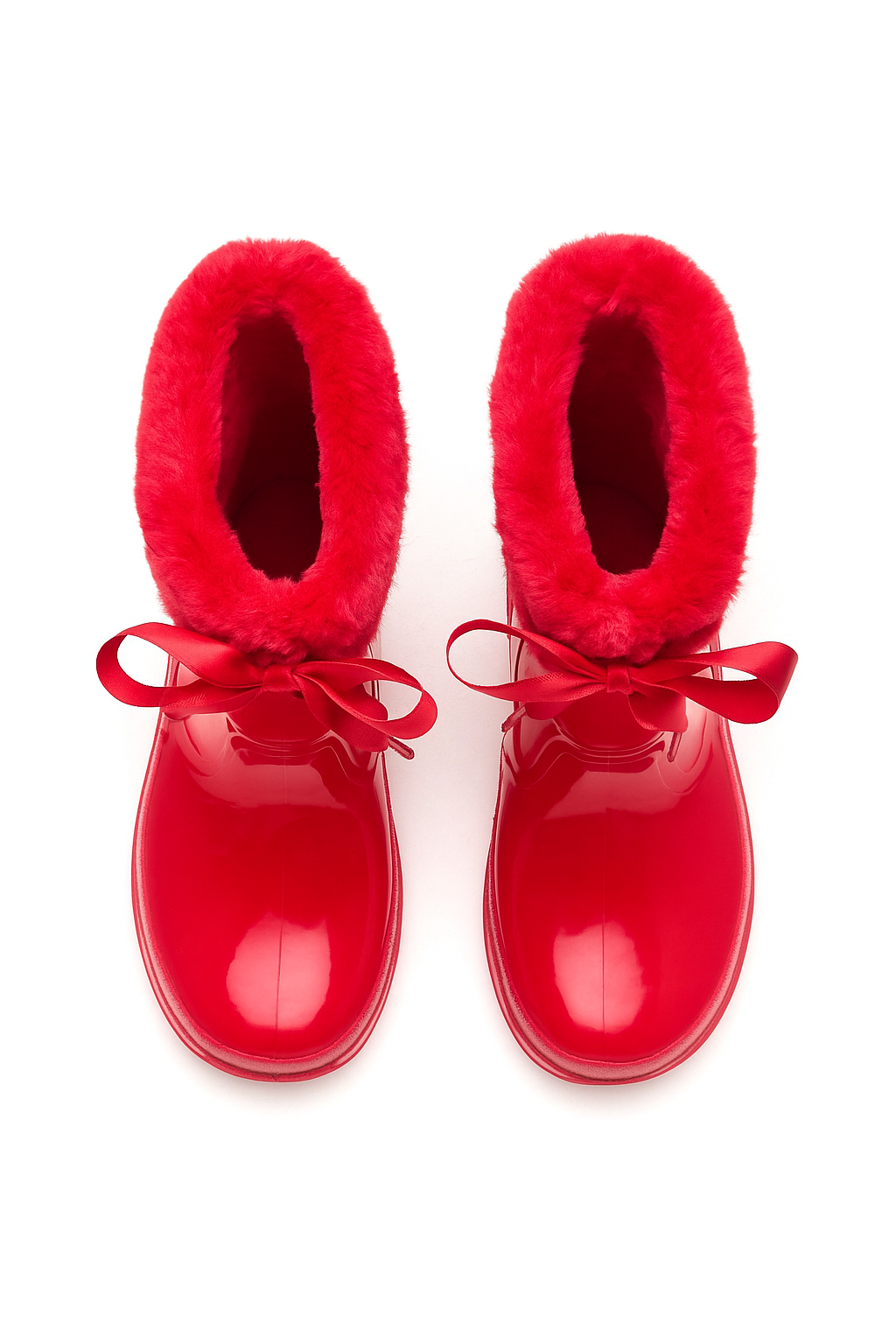 Girls' Ribbon Wellington Boots with Faux Fur, Waterproof Wellies – VIVIAN - Red Front Picture