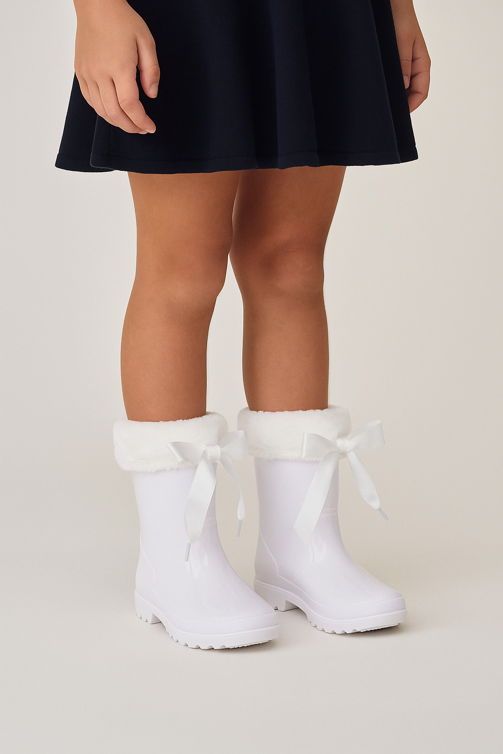 Girls' Ribbon Wellington Boots with Faux Fur, Waterproof Wellies – VIVIAN - White
