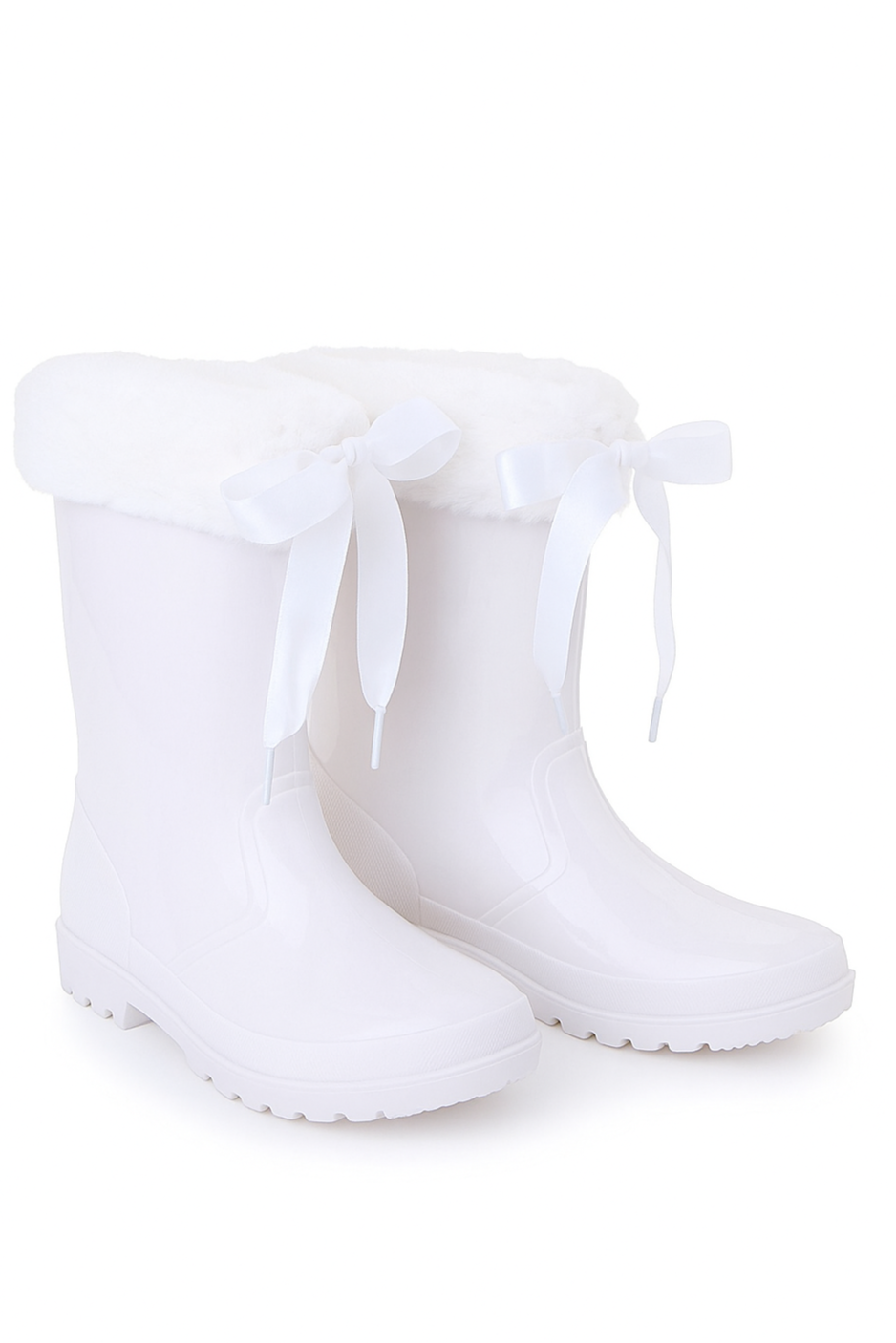 Girls' Ribbon Wellington Boots with Faux Fur, Waterproof Wellies – VIVIAN - White Pair Side Picture