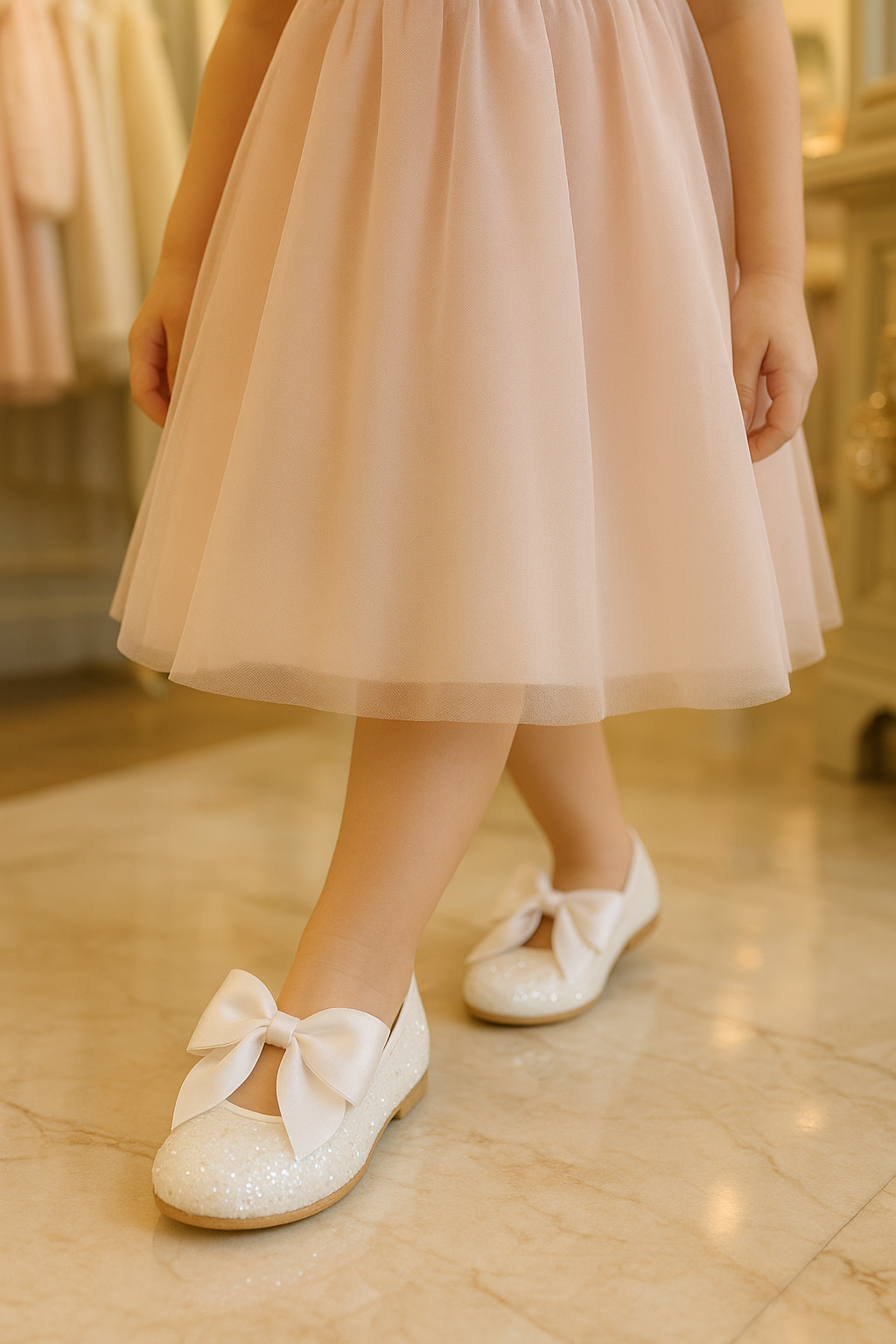 Girls Sequin Ballerina Flat Pumps - LOLA - Ivory Model Picture