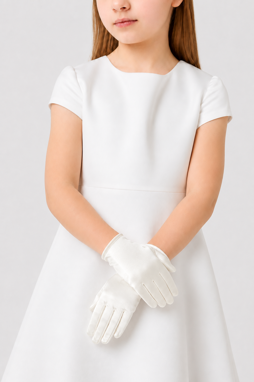 Guantes formales cortos de satén lisos para niñas – Blanco